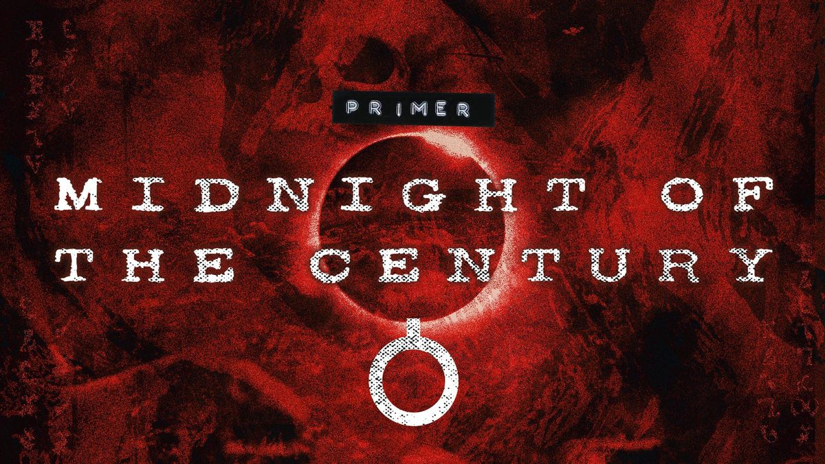 Midnight of the Century. Striking red and black, skull peering from the background with an eclipse at the centre and strange circular logo. Enochian text and imagery.