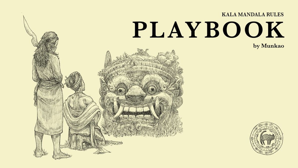 Top right: Kala Mandala Rules: PLAYBOOK by Munkao. Left: 2 women, 1 with a weapon, 1 kneeling in front of a giant mask head asking for advice. Bottom right, a fictional yantra of protection.