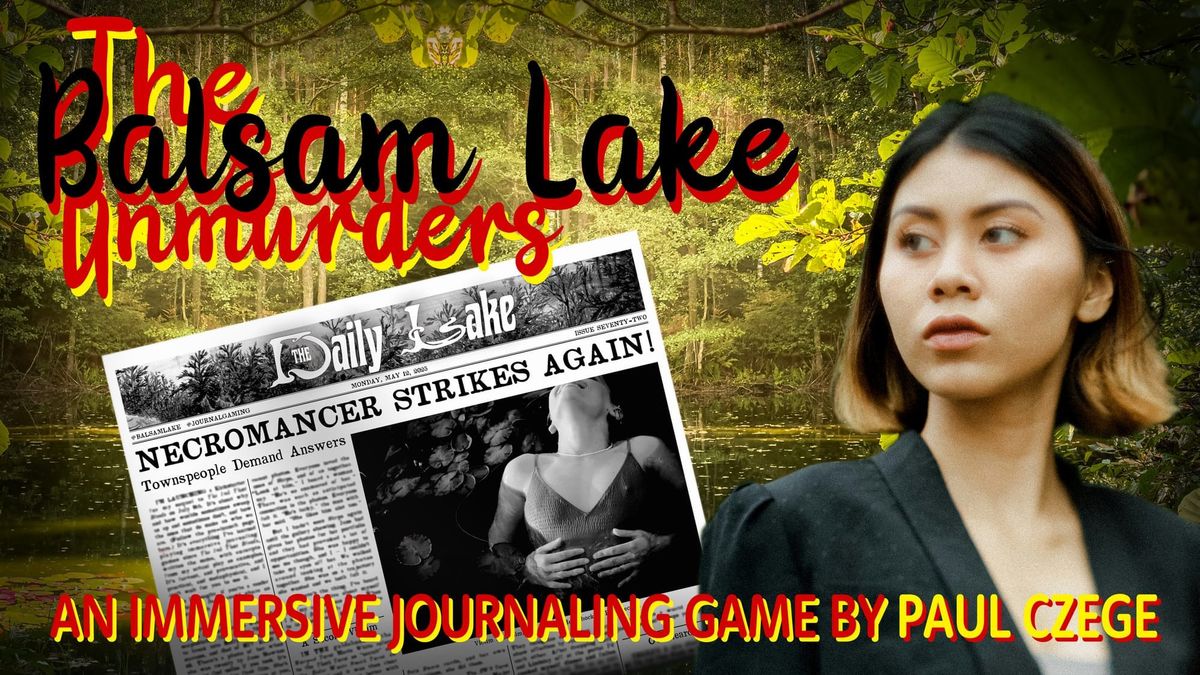 A woman detective at a forested lake with sunlight streaming through the foliage. There's an image of a newspaper with the headline "Necromancer Strikes Again."