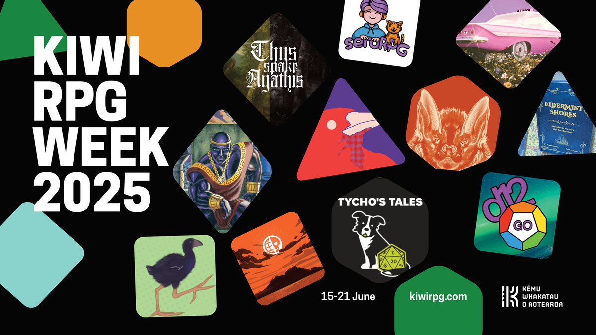 Image is a collage of covers in shapes resembling polyhedral dice. Text reads: KiwiRPG week 2025, 15-21 June, kiwirpg.com. 