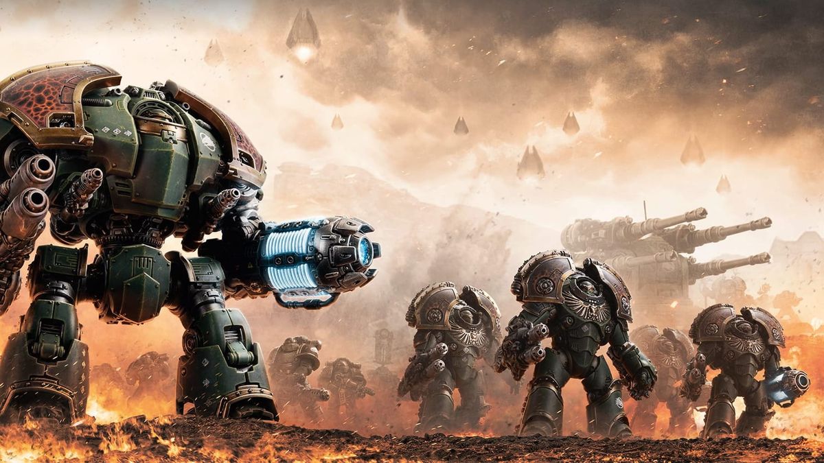 A Horus Heresy illustration showing some Saturnine Terminators and a Saturnine Dreadnought