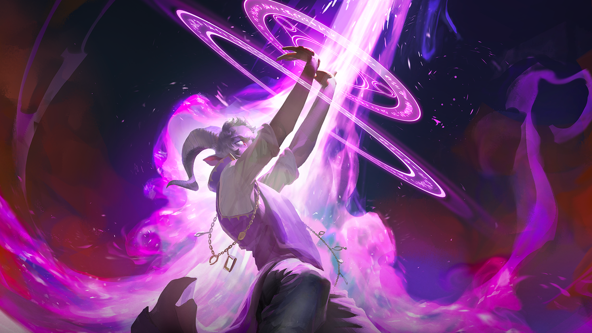 A pale, purple-skinned sorcerer with white eyes and horns sends an bright arcane blast into the dark sky.