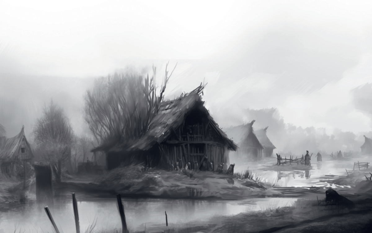 A monochrome image of a medieval village. The central house appears to have a tree growing out of it.