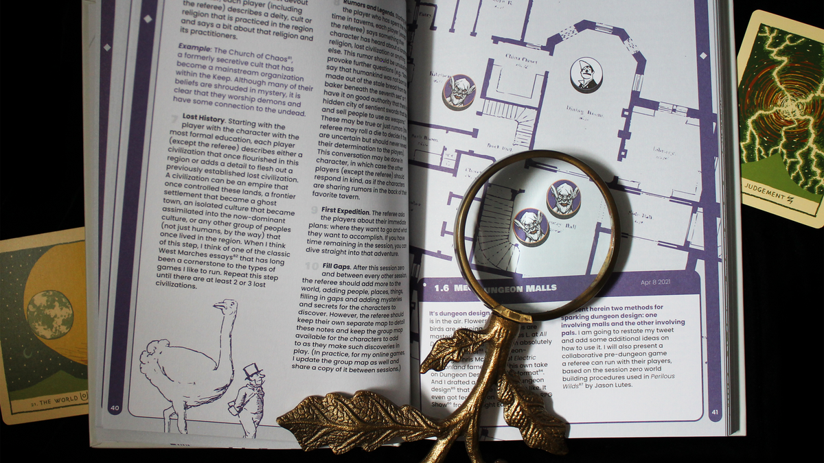 Gold, leaf-shaped magnifying glass lies on an open book with purple text and illustrations. Black table and tarot cards behind.
