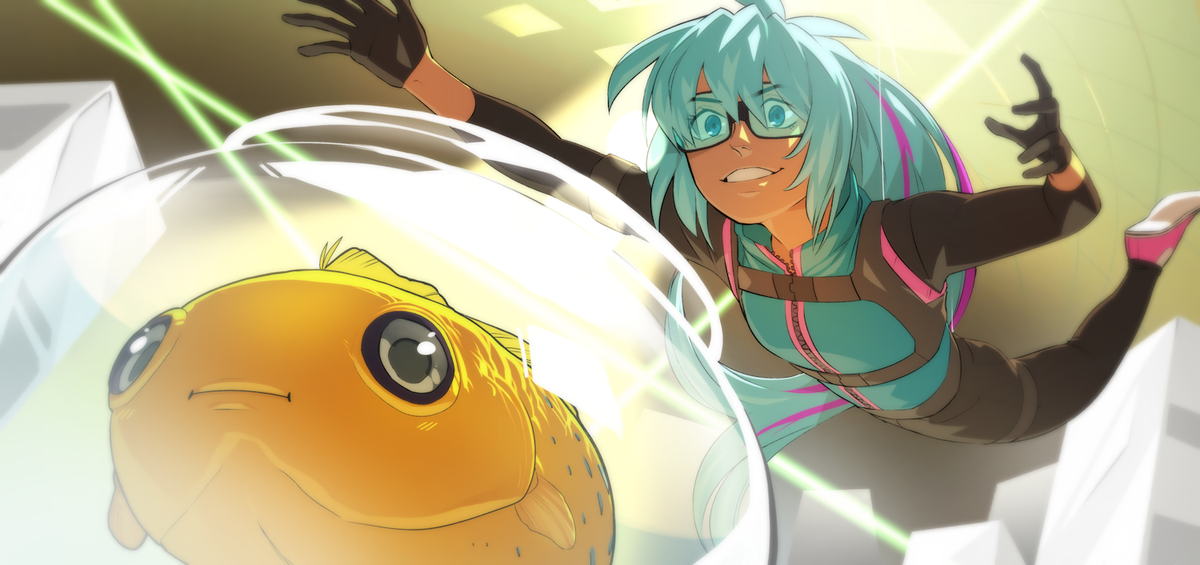 A thief with long, light blue hair and glasses, hanging from the ceiling from wires Mission Impossible-style as they prepare to steal a goofy-looking yellow fish in a fishbowl