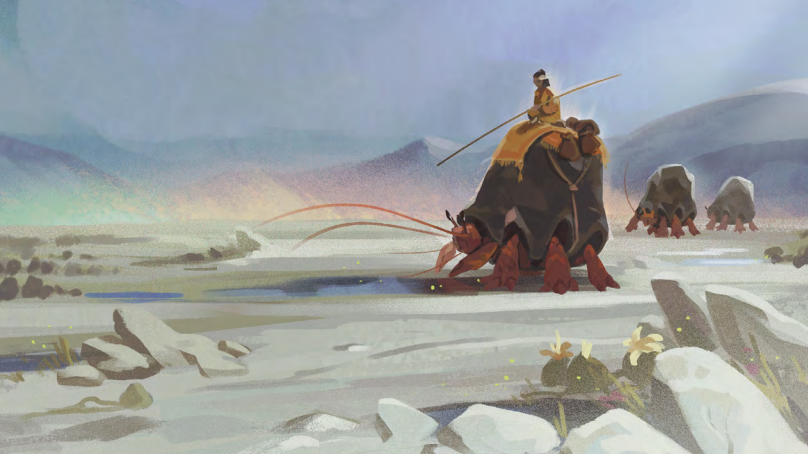 Illustration of a figure in yellow riding a massive crab creature across a white, rocky plain.