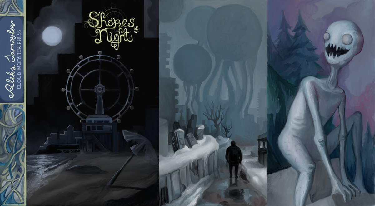 Three images side by side - a ferris whieel on a deserted beach, a figure walking towards cyclopean bulbs, a pale ghoul grinning.