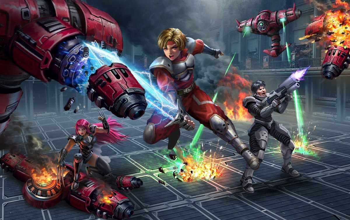 Chaz, Rika, and Wren fight robots aboard a space station.