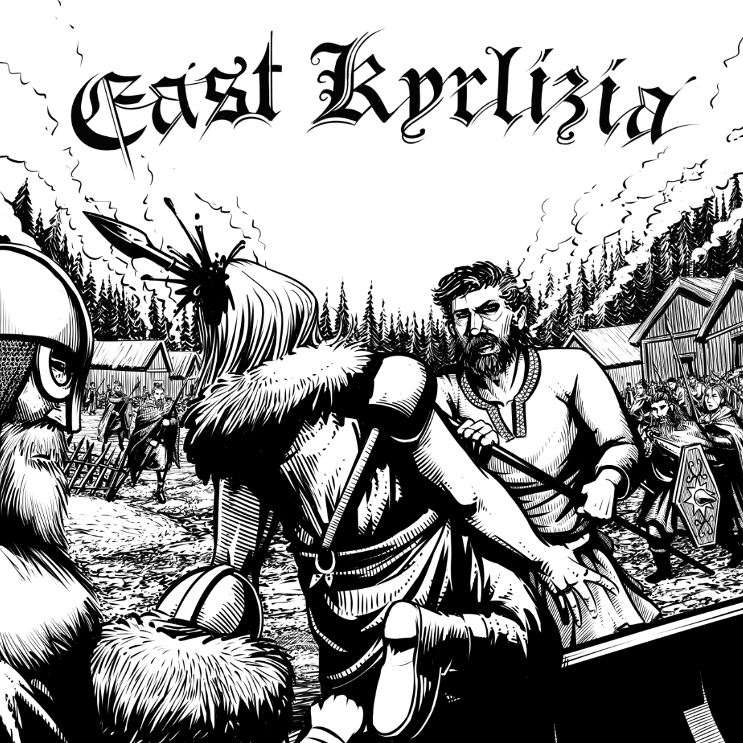Black and white art of a viking being spreader in the head by a peasant as they try to exit their longboat