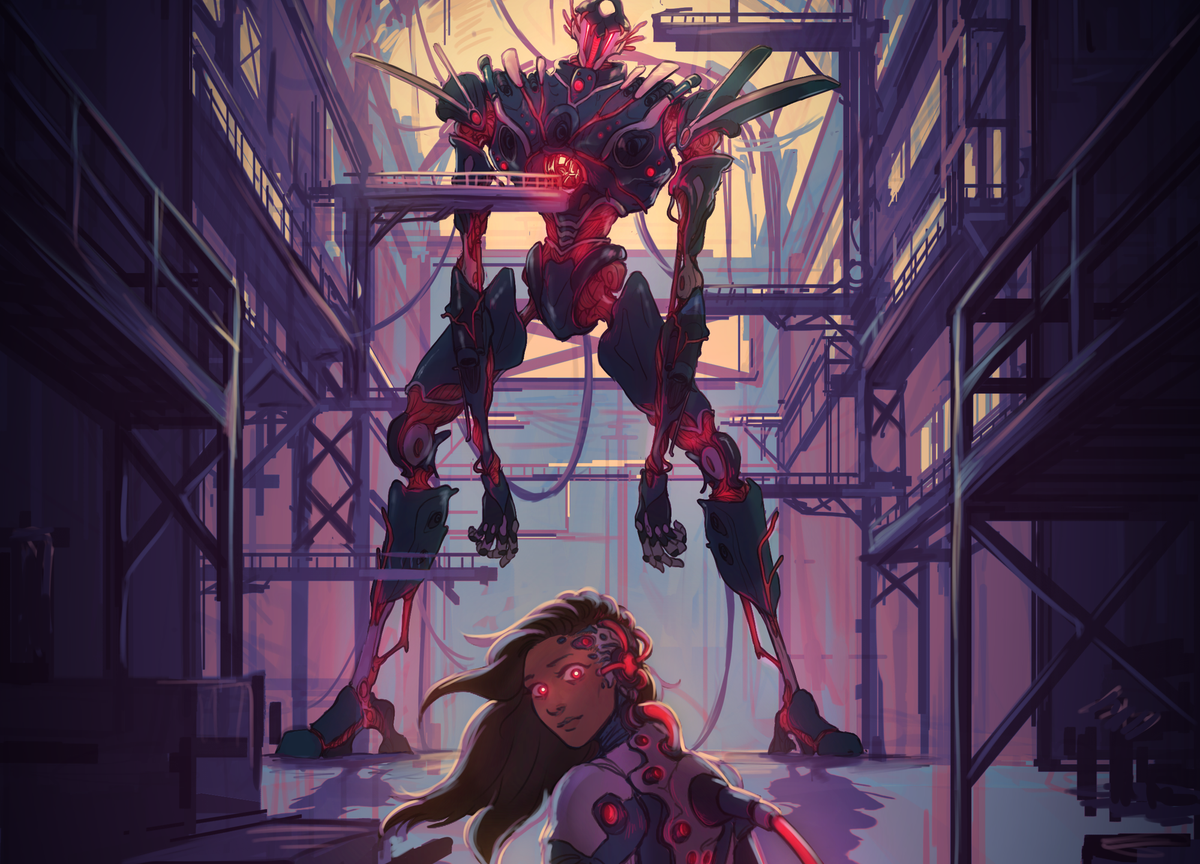 A girl in a pilot suit with various wires and tubes pumping red liquid into her body stands looking back towards the viewer. Looming over her is a mech made of meat and metal