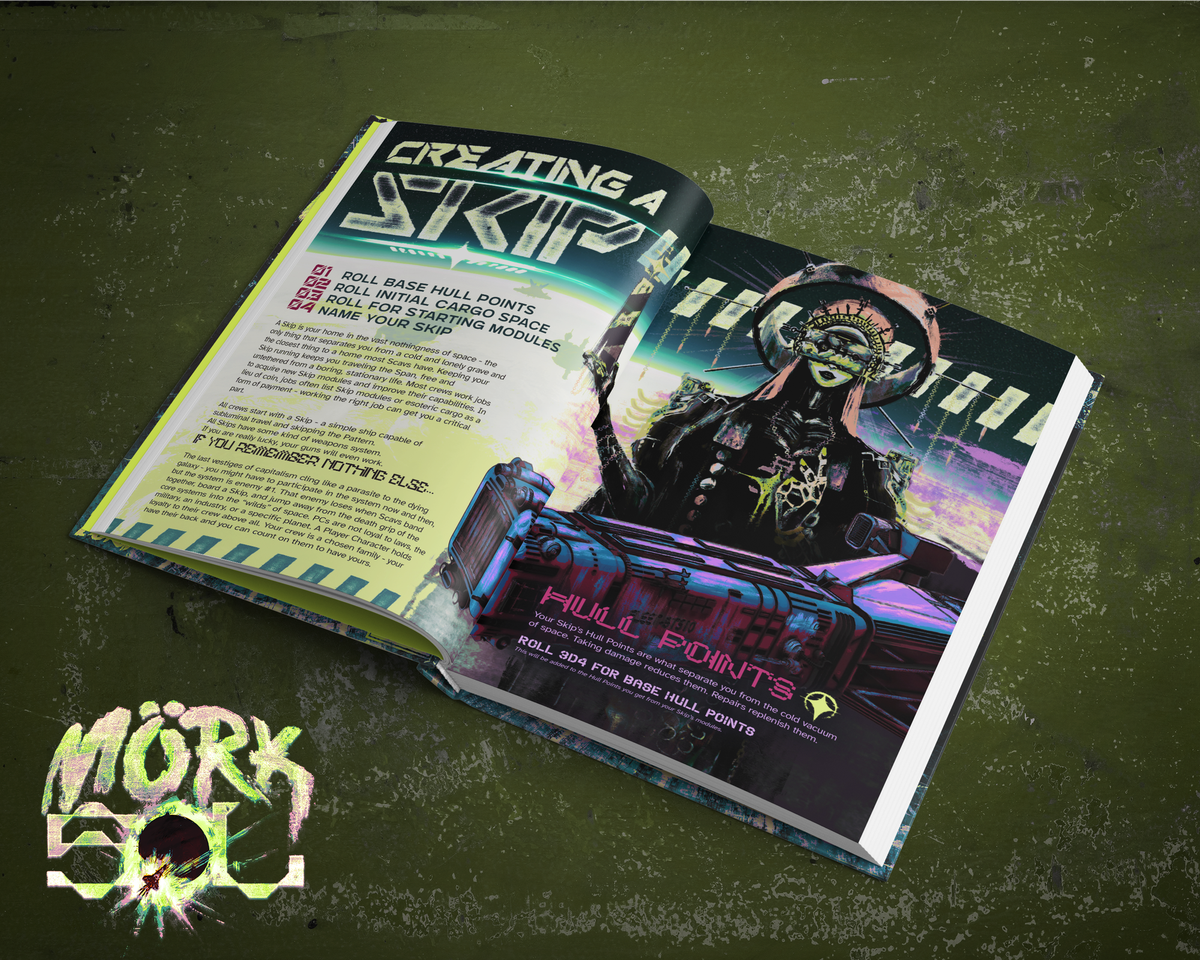 Mockup of the "Creating a Skip" page spread in Mörk Sol