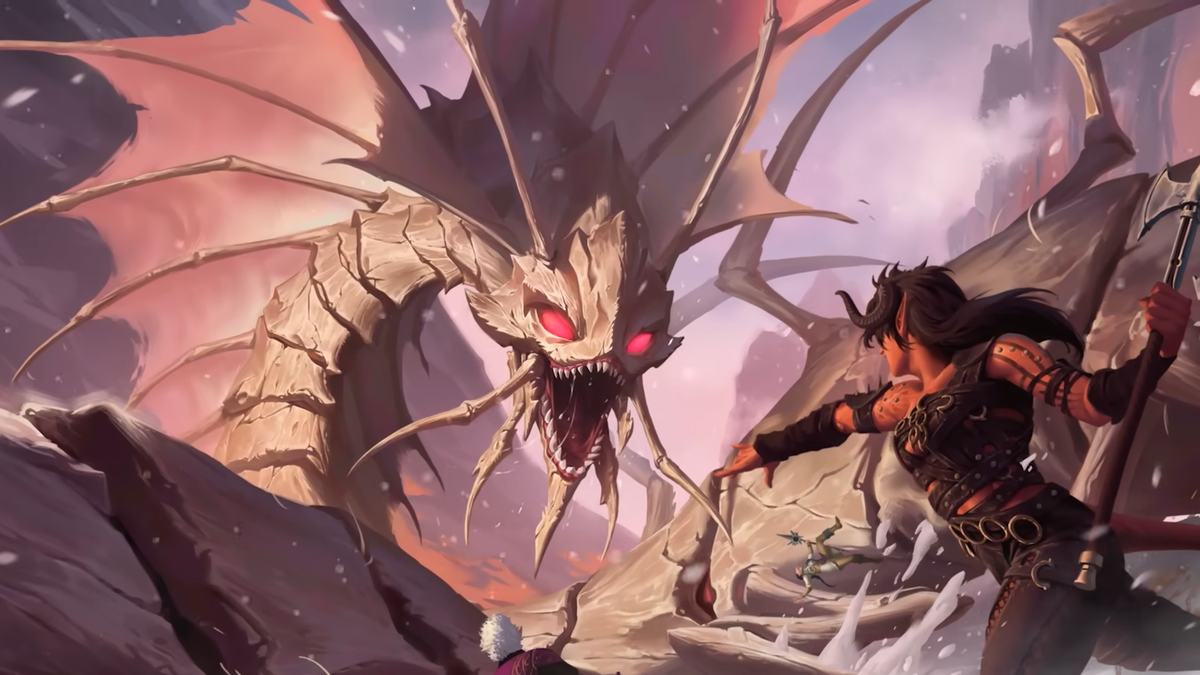 Illustration of D&D character Karlach facing down a massive insectoid creature in a white desert.