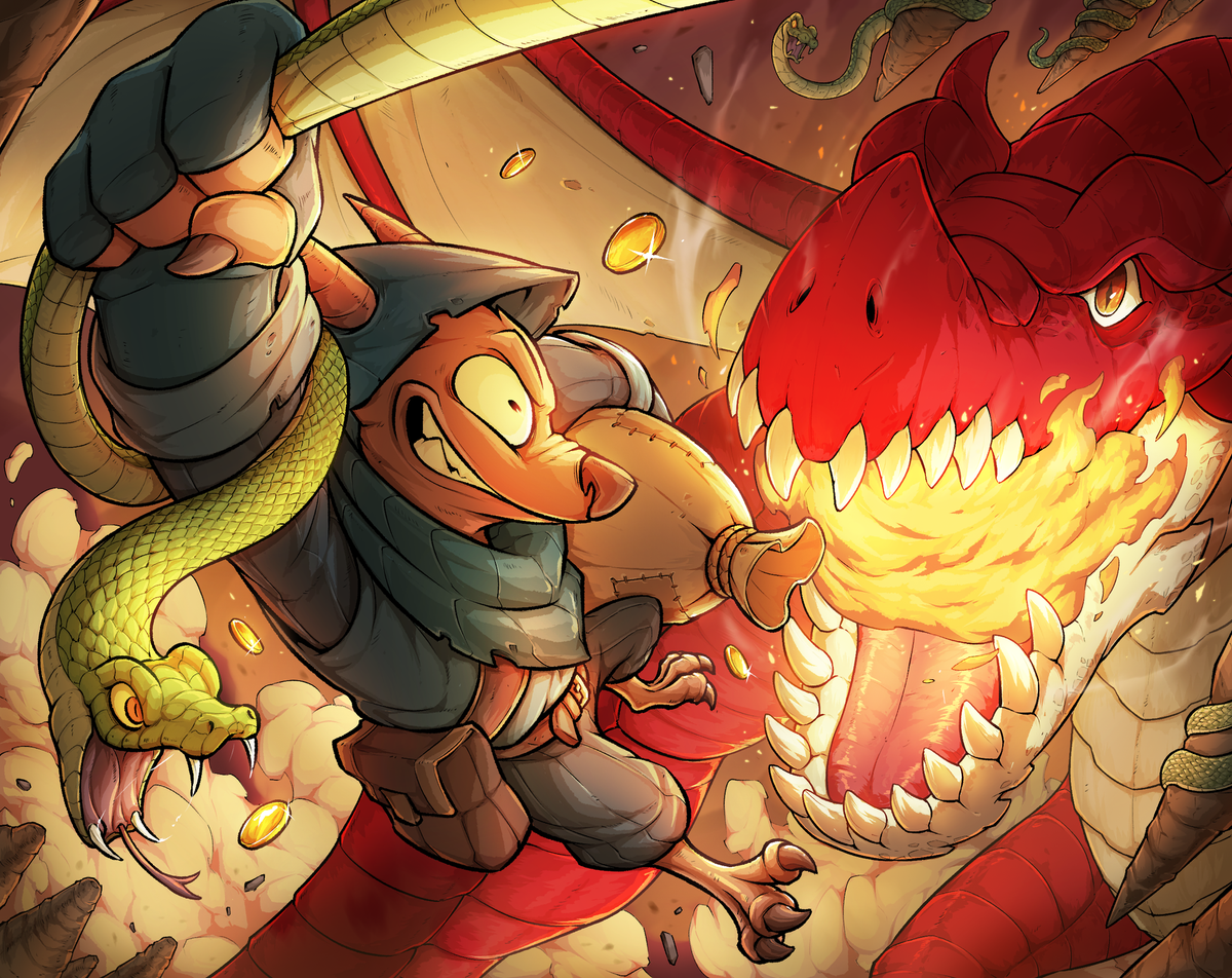 A detailed cartoon-y illustration of a cloaked kobold swinging from a snake, while underneath, a red dragon gathers fire in its maw to try and roast the grinning thief.