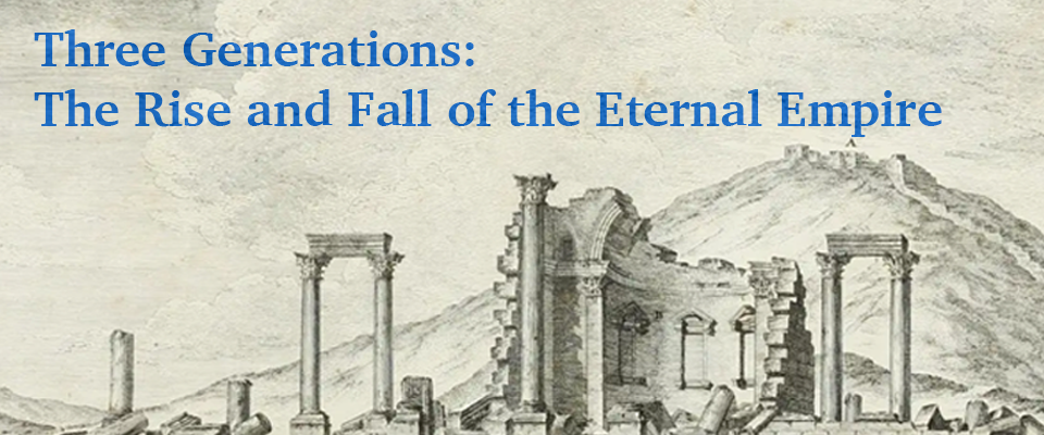 The title page of Three Generations, featuring a woodcut image of ancient ruins in front of a mountain