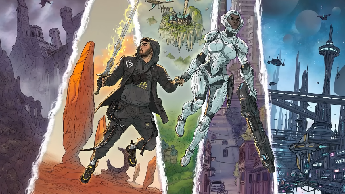 An illustration of two people, one in sci-fi armour, one in modern techwear holding a magical sword, with a backdrop of five different scenes arranged horizontally