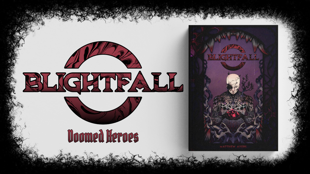 Blightfall RPG logo band book cover, featuring a man mutated into a plant hybrid, holding his own glowing heart in his hands, framed inside a bloody maw.