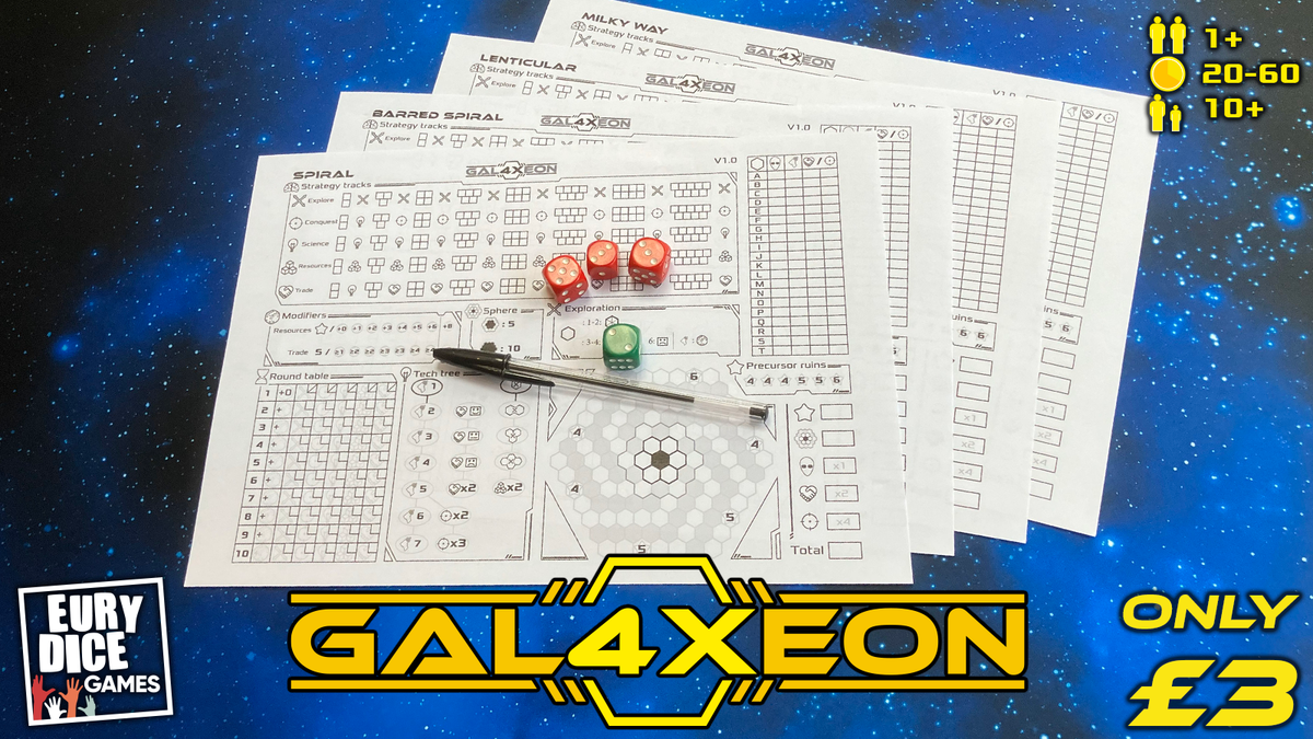 Promo image for Gal4Xeon show game company logos, printed sheets with pen and dice and 'Only £3'