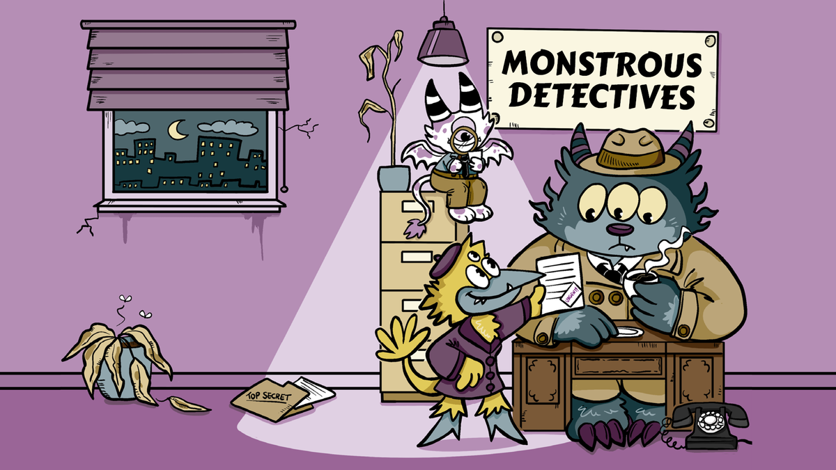 Monstrous Detectives. Three monsters working in a noir-style private detective agency.