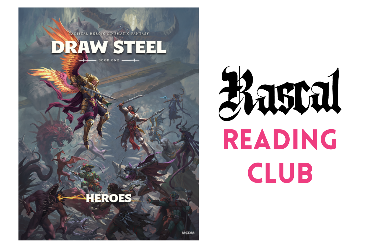 the cover of Draw Steel is a sea of good guys facing off against weird monsters