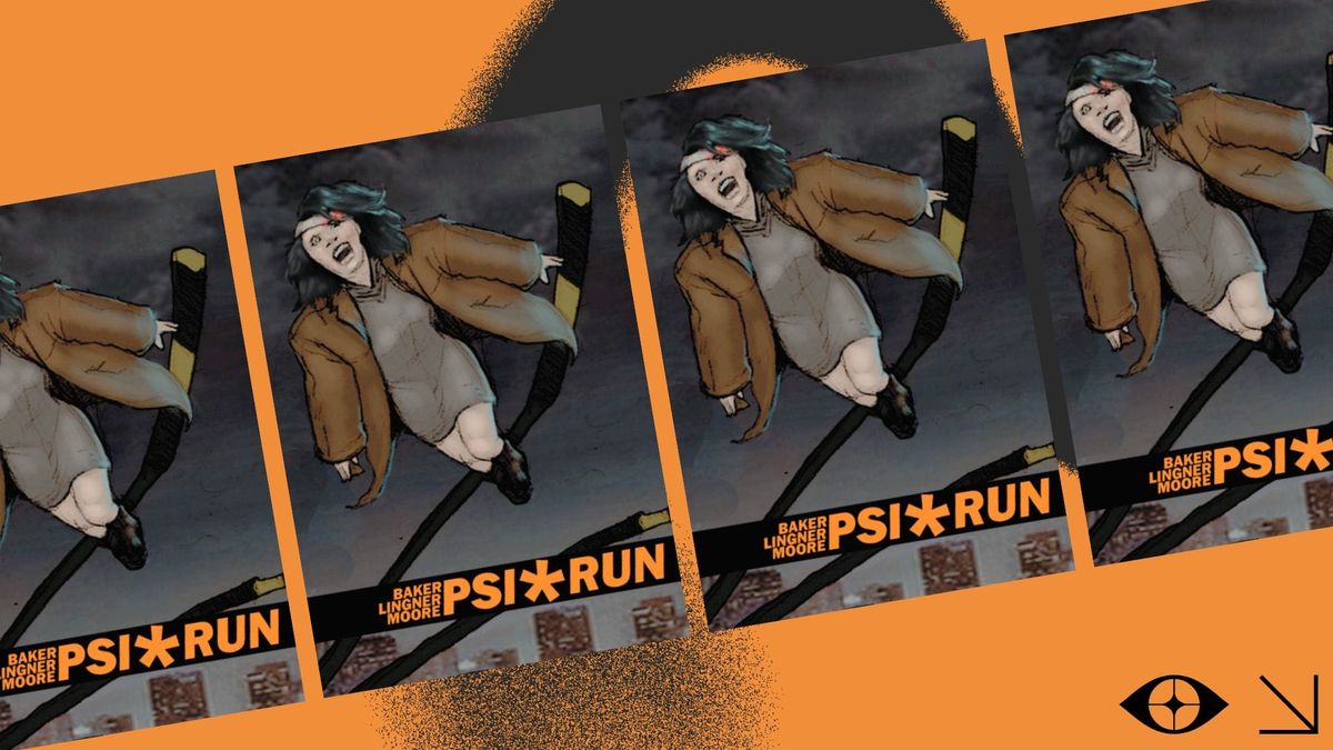 The PSI*RUN cover: a young woman in a gray dress and brown trench coat screaming as she flies through a dark sky, imposed four times diagonally against an orange background.