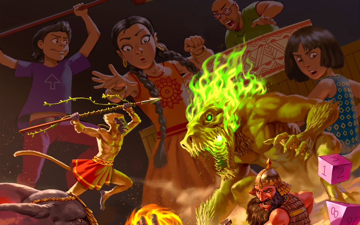 In the forground an anthropomorphic monkey and bearded warrior fight a massive, fiery monster. In the background, a group of cartoon-styled players pose dramatically.
