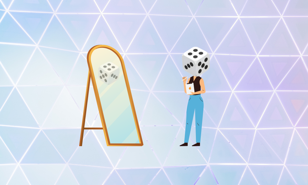a person with dice for a head looks into a mirror