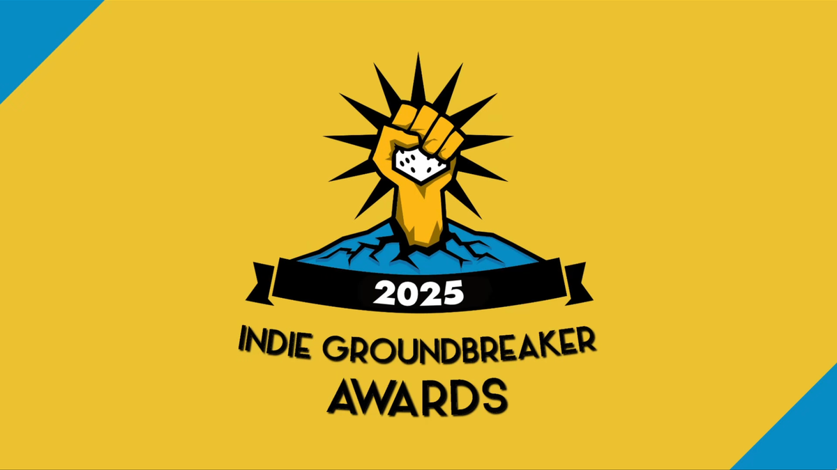 IGDN logo, yellow and black, of a fist holding a six-sided die with a black sunburst behind it. Text reads: 2025 Indie Groundbreaker Awards.
