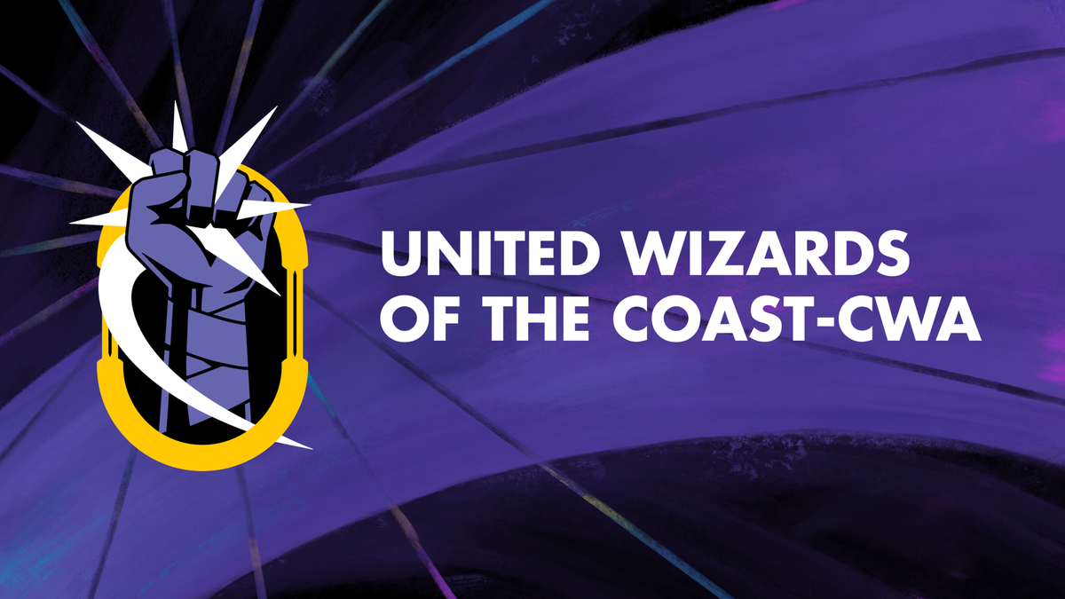 Text: United Wizards of the Coast-CWA. Logo is a purple fist gripping a white starburst, ringed in gold yellow. Backgroup is a two-tone purple slash.