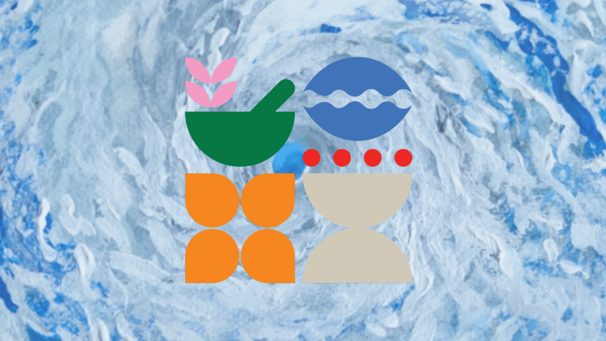 Logo for the Micronesia Climate Change Alliance in green, blue, orange, and beige, over an oil painting of Typhoon Sinlaku. It's a whorl of whites and blues and greys.