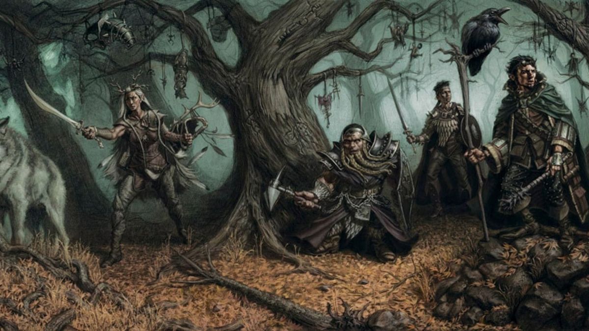 The cover art from Heroes of Horror showing several adventurers making their way through a creepy forest.