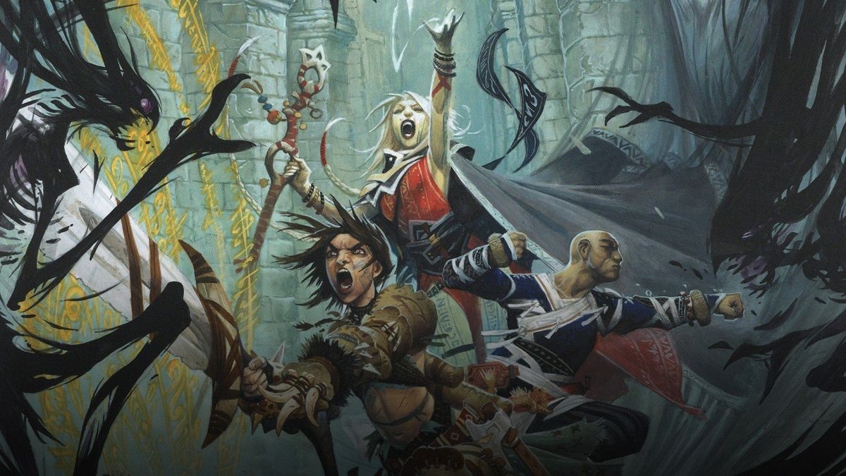 Three fantasy adventurers, a yelling barbarian with a sword, a spellcaster with upraised arm, and a bald martial artist, fend off two creatures composed of sharp shadows.