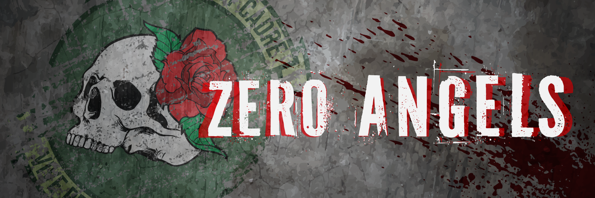 A image of a skull logo in the background with the title "Zero Angels" over it