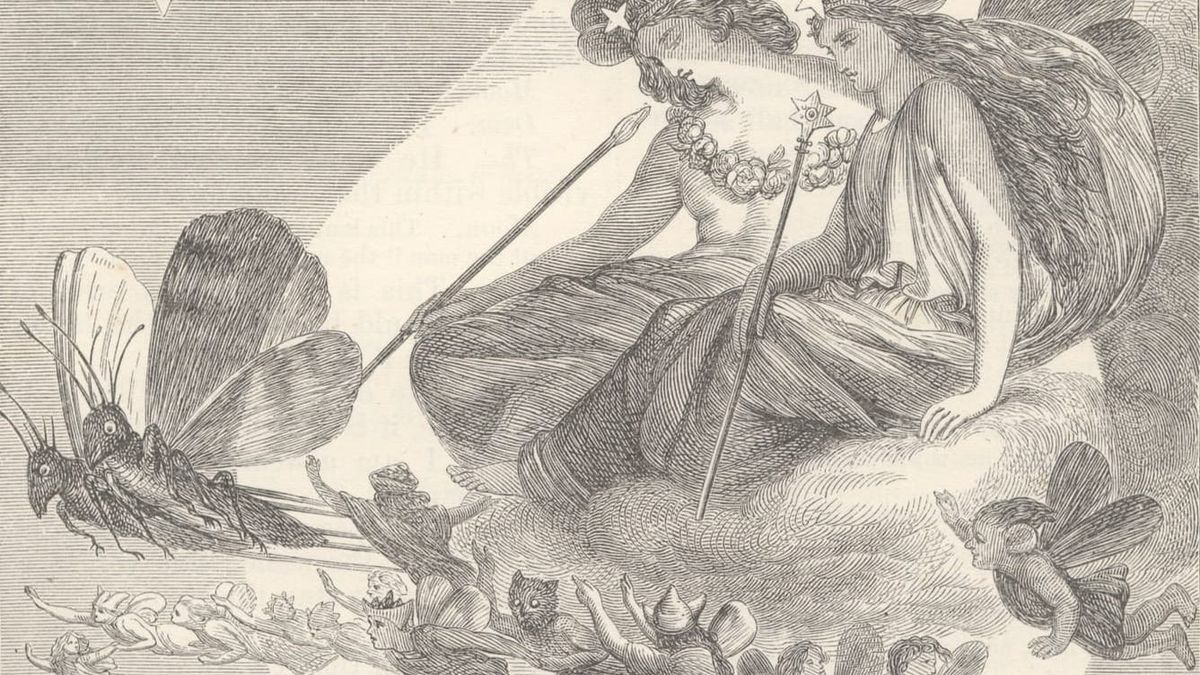 A woodcut engraving of two giant fairies; King Oberon and Queen Titania, draped in Roman togas, carried on a cloud, surrounded by smaller fairies, and led by flying crickets.