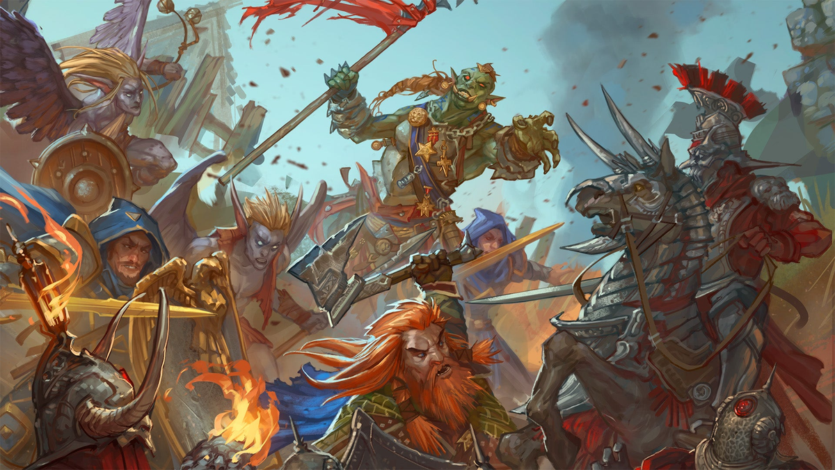 Frenetic fantasy battle scene with a red-haired dwarft swinging an axe in the middle foreground. Several figures, including an orc general and a red-fringed legionnaire, surround them.