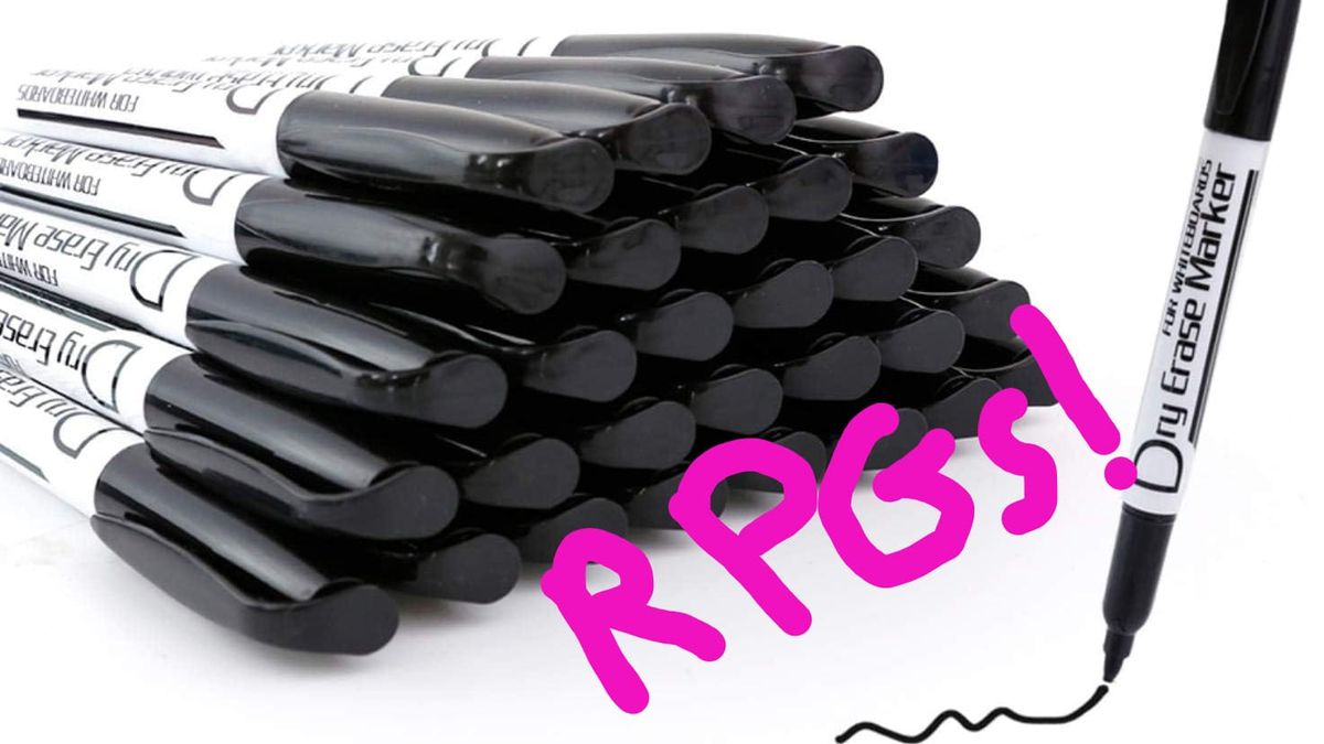 A photo of a stack of dry erase markers with "RPGs!" written on it in bright pink. Badly.
