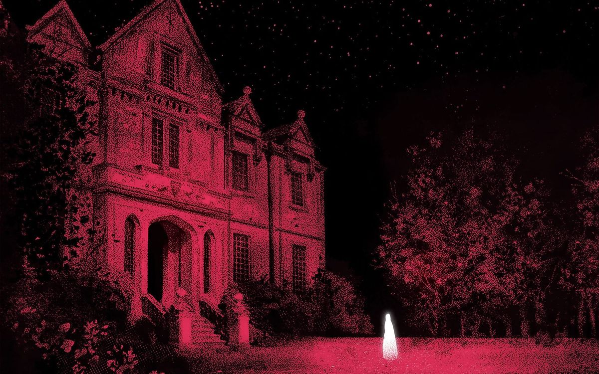 an ominous house with a figure in white outside, the picture is in red and black, faded like an old photo