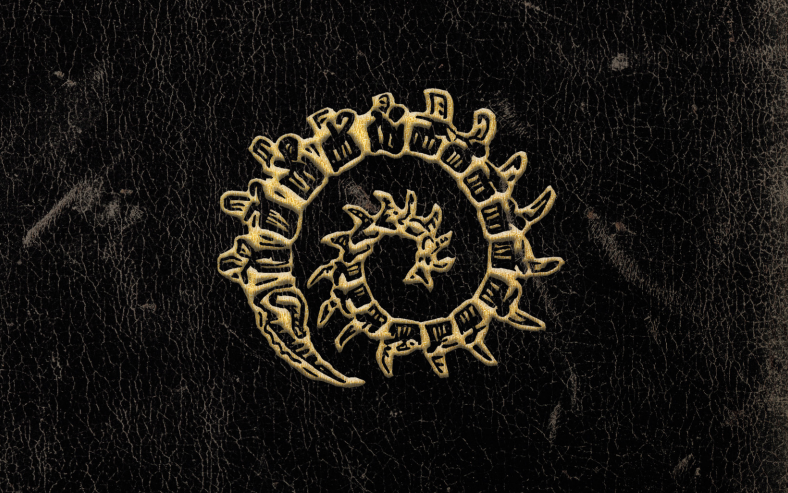 Illustration of a curled spine, all bones, in faded yellow. Set against the aged and worn leather of what looks like an old book cover.
