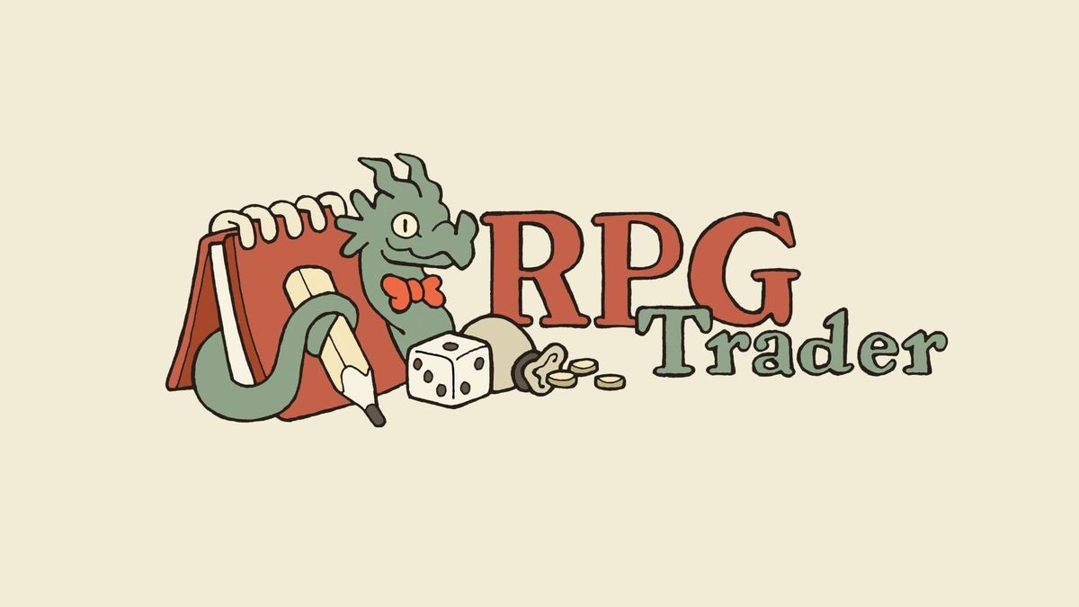 The logo of RPG Trader, featuring a dragon against a notebook, a dice and a coin bag.