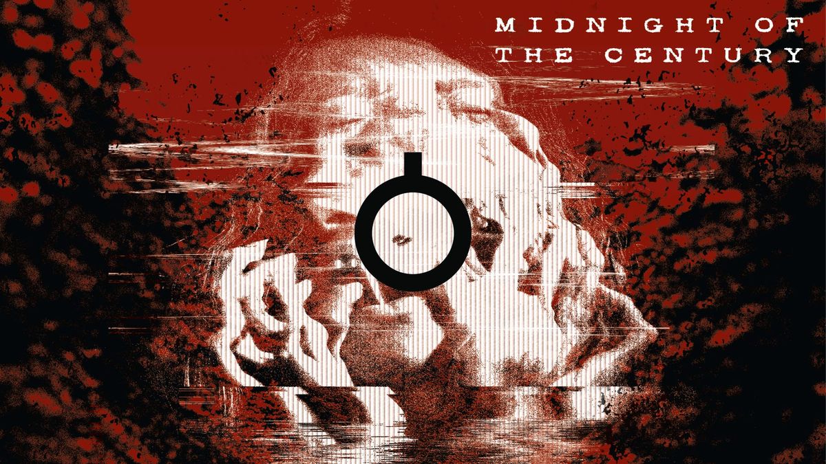 Midnight of the Century. Black, red, and white image showing a woman screaming and split into multiple faces in front of a stark forest.