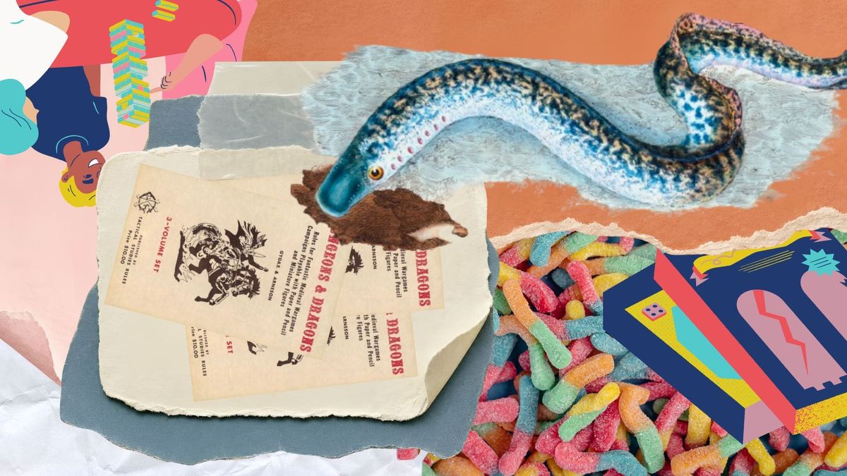 A frenetic mix of colors and images, mainly focusing on a lamprey that seems to be eating Dungeons & Dragons' first edition brown box. 