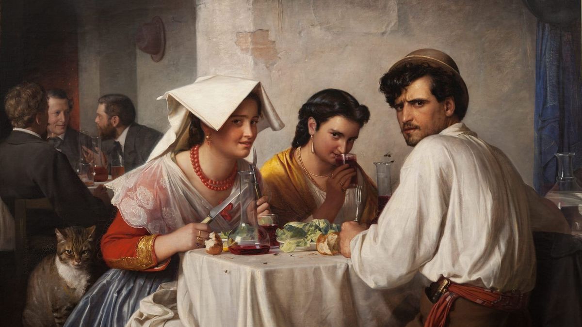 An old master's painting that depicts three young people eating. They've turned towards the viewer with looks of derision on their faces. A cat also glares at the viewer.