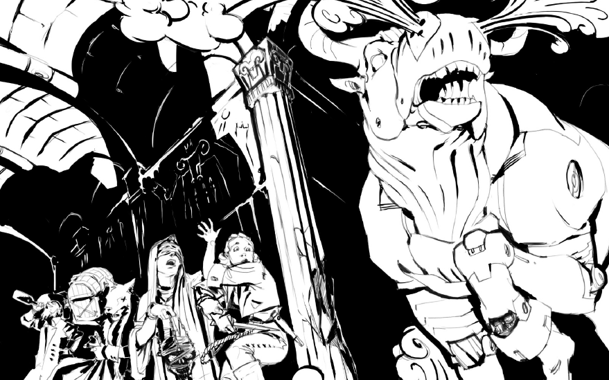 Several adventurers on the left are hiding behind a wall, for fear of being spotted by a menacing,mechanical bull.