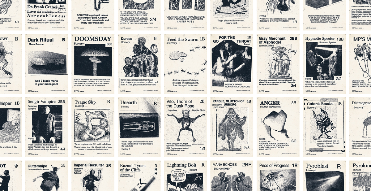 Grid of black and white MTG cards from the Zeta Set release, their art composed of scavenged image, collage, and DIY aesthetics.