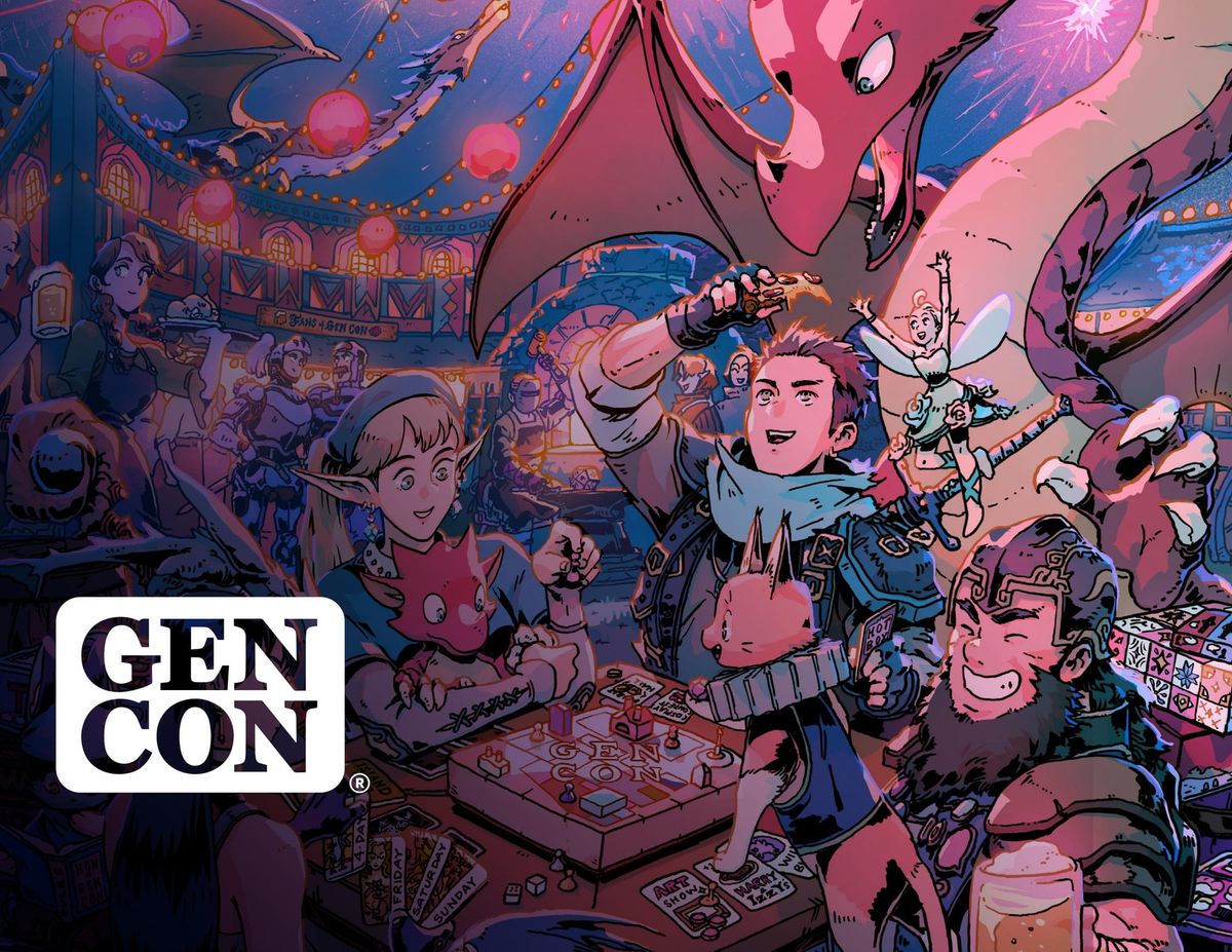 fantasy adventurers around a convention table, playing games and eating pizza
