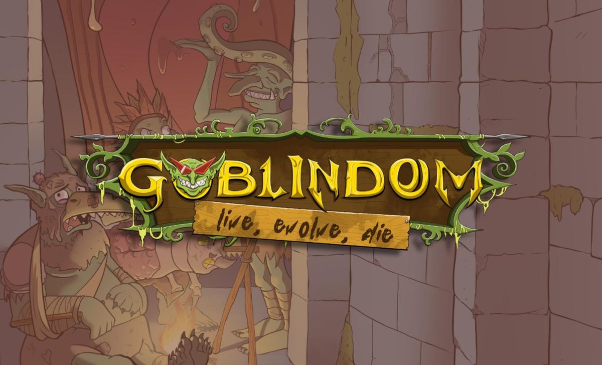 A title card with yellow letters that spell “GOBLINDOM”. In the background, there are various goblins in a dungeon setting.