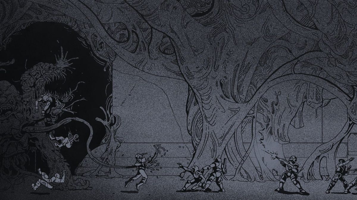 Dark black-and-white illustration of a massive alien fighting at least eight figures in space suits. It's all fleshy and monstrous, and one person is torn in half.