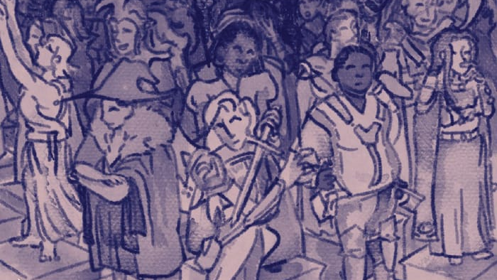 An illustration of several figures dressed in medieval outfits, such as knights and wizards. It's the cover of Path Appararatus.