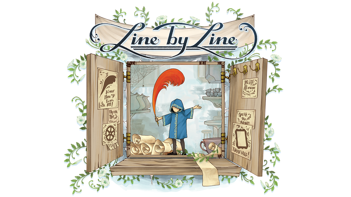 A small humanoid in an oversized blue robe stands on the ledge of an open window. They are surrounded by scrolls and pieces of parchment. Above the window reads Line by Line.