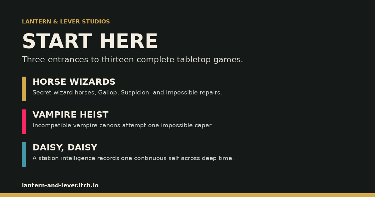 Lantern & Lever Studios: Start Here. Horse Wizards, Vampire Heist, and Daisy, Daisy, with the storefront address lantern-and-lever.itch.io.