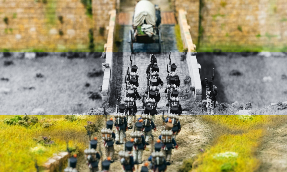 toy soldiers walking across a bridge, brightly coloured except for the middle strip in black and white